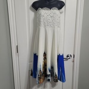 AIGE White Fit & Flare Lace Bodice Strapless Graphic Print Midi Dress Fits Sz Sm